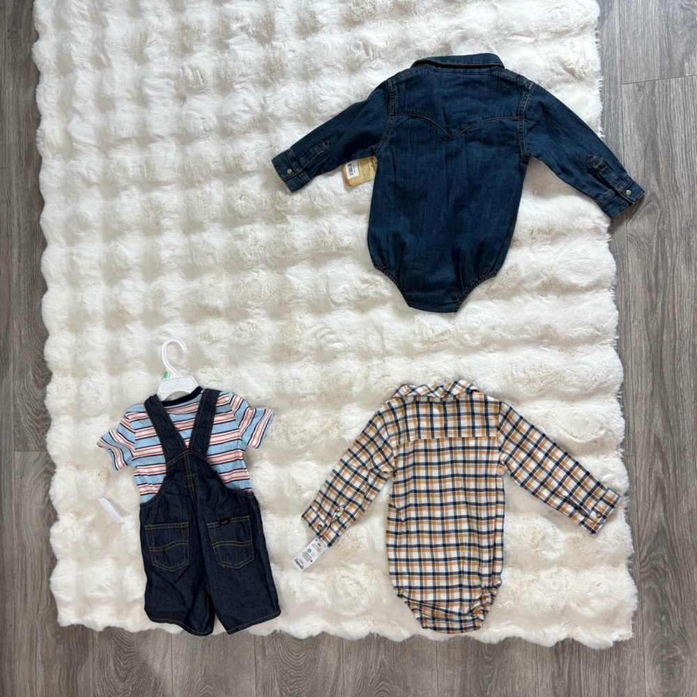 WRANGLER|LEE|CARTER’S Western Baby lot denim overalls flannel striped onesie 18M - Picture 8 of 8